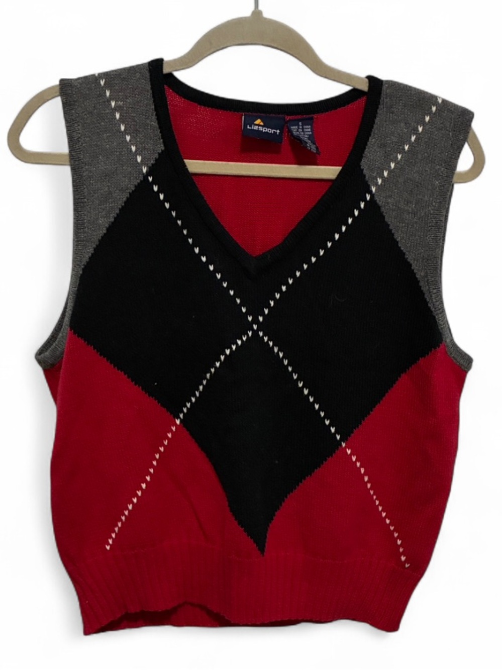 Vintage Liz Wear Red Black Argyle V-Neck Knit Sweater Vest